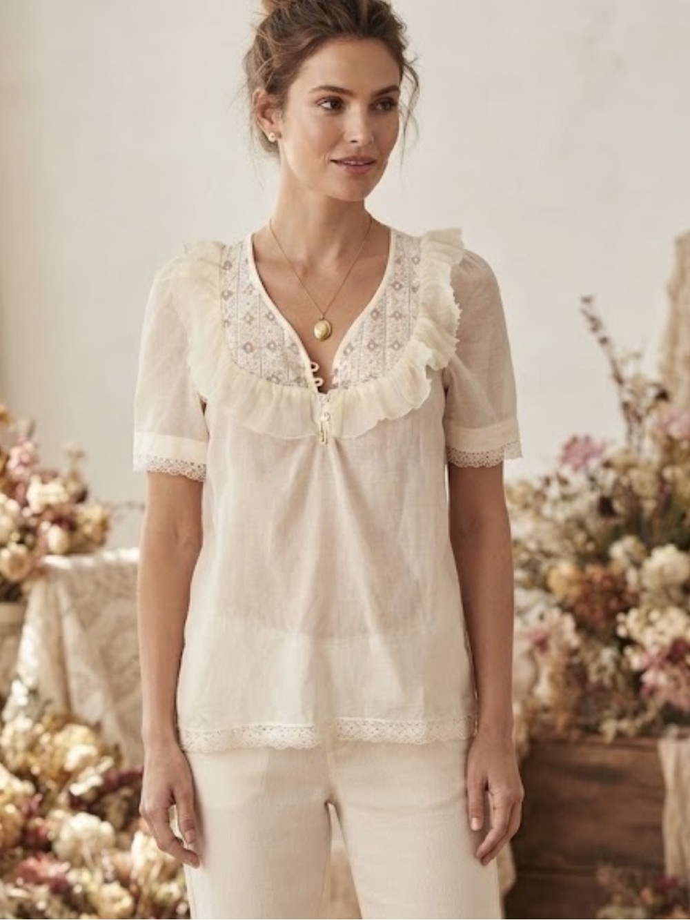 Rebecca Taylor cream cotton ruffle blouse
